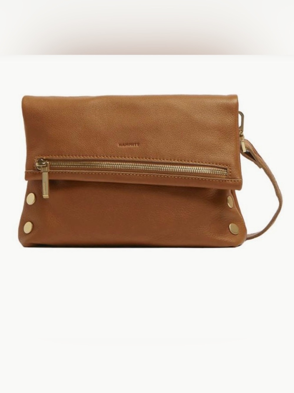 Leather Fold-Over Crossbody Clutch in Tan